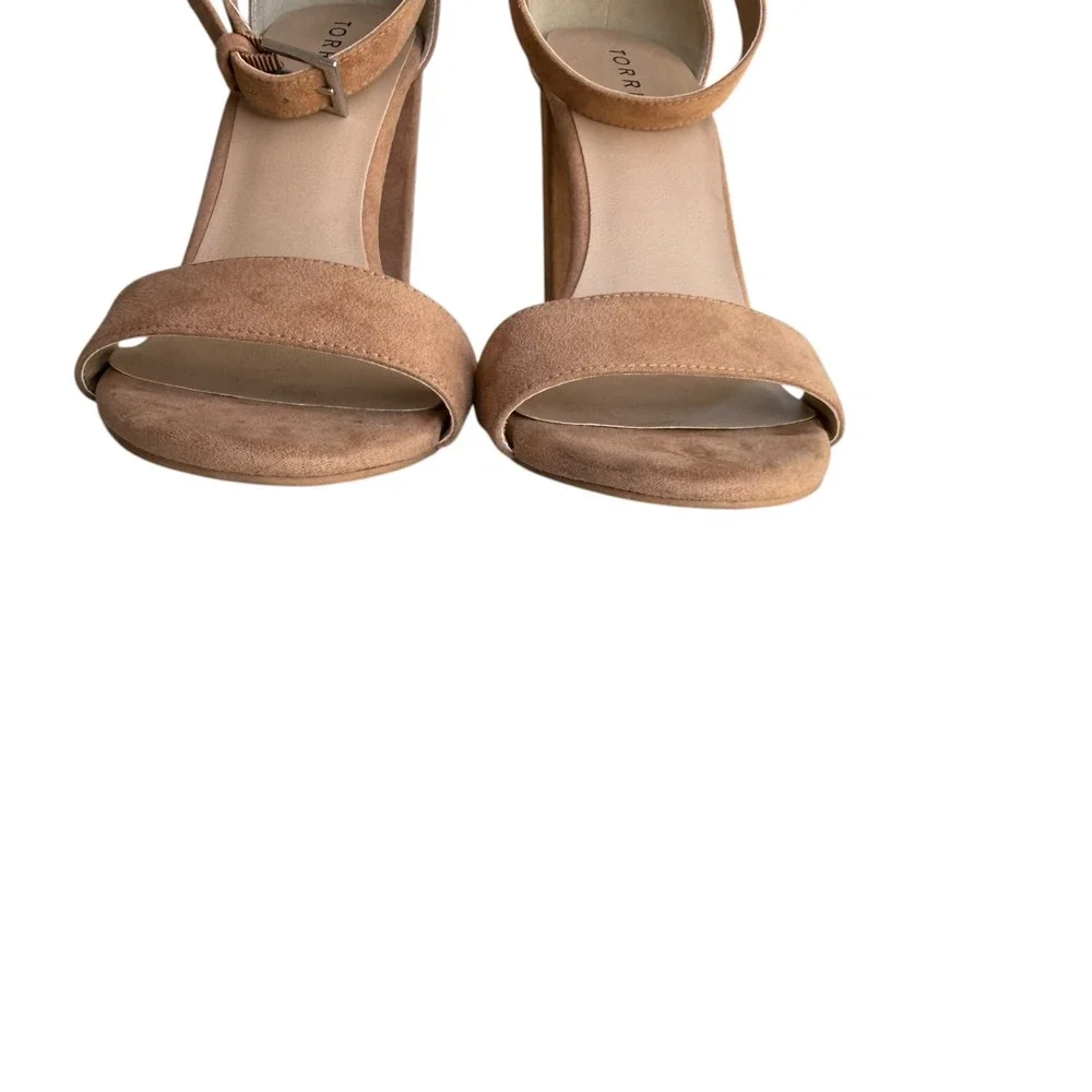 Torrid Women 9WW Camel Brown Faux Suede Two Strap Tapered Heel Sandal Minimalist